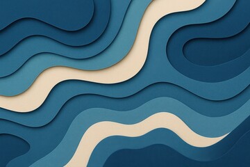 Fototapete - An abstract, layered paper art background with blue and beige, creates a serene visual rhythm with flowing, wavy lines and subtle color variations for versatile design.