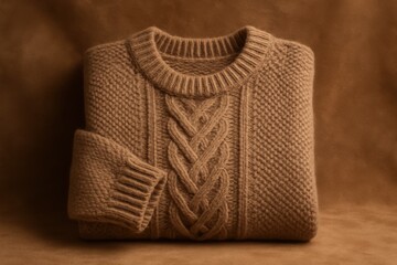 Poster - A neatly folded beige cable knit sweater on a soft brown background, capturing the warmth and comfort of handmade apparel in cozy neutral tones.