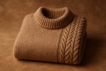 Poster - Elegant brown woolen sweater with a turtleneck collar and cable knit details, on a smooth brown background, luxurious texture and simple design. Soft, warm and cozy.