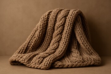 Poster - A cozy, hand-knitted blanket with a braided pattern, draped artistically against a warm beige background, creating a soft and inviting texture, perfect for autumn and winter.