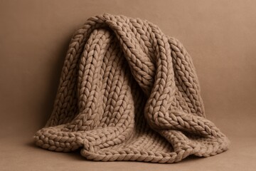 Poster - A cozy and warm chunky knit blanket draped elegantly against a solid brown background, showing soft texture and the beauty of handmade crafts in a simple composition.