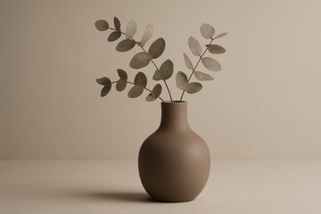 Poster - Eucalyptus branches in minimalist vase against a soft, neutral backdrop, creating a serene and elegant composition, ideal for home decor and artistic presentations.
