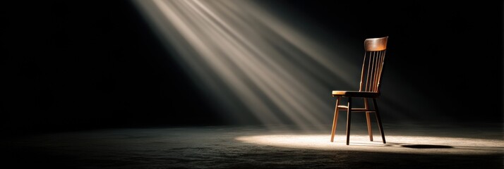 Aufkleber - Empty Chair Illuminated by Soft Spotlight on Stage, Creating an Atmosphere of Anticipation in a Dimly Lit Environment