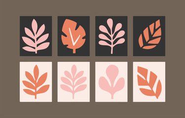 Poster - Set of eight minimalist abstract leaf illustrations in pink and coral on dark and light backgrounds