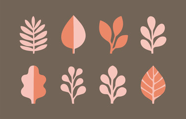 Poster - Collection of eight modern minimalist leaf illustrations in coral and pink on brown background