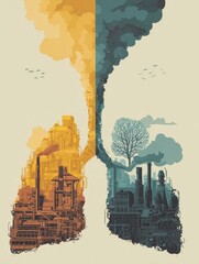 Aufkleber - Environmental Lung Risks Illustrated Through Pollution, Radon Exposure, and Asbestos Concerns in an Urban Setting