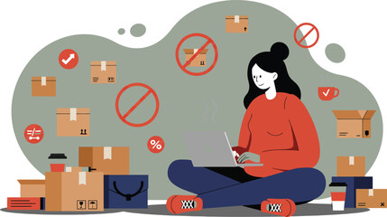 Poster - Woman using smartphone surrounded by packages and online shopping icons in digital commerce environment 