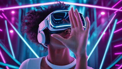 Poster - Woman engaging with virtual reality headset, surrounded by dynamic neon light patterns. High-tech setting with a focus on innovative gaming and entertainment