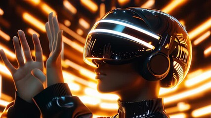 Poster - Person interacting with advanced virtual reality headset in vibrant glowing environment. Futuristic setting with bright yellow and orange lights. Concept of technology, gaming, entertainment