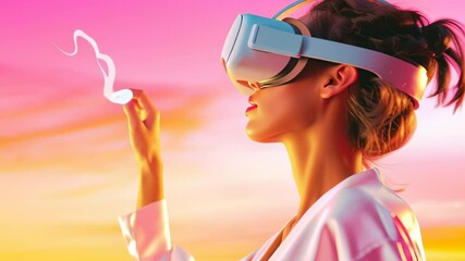 Poster - Woman interacts with virtual reality headset while bathed in colorful sunset glow. Contemporary setting evokes technology and innovation mood. Concept of gaming, education, entertainment