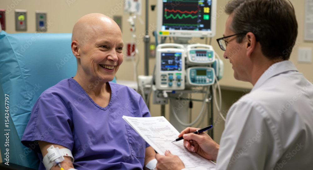 Discussing Cancer Photo Stock Doctor and middle aged female cancer patient at medical ...