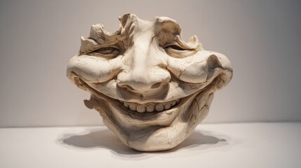 Poster - Distorted Smile Sculpture Showcasing Melting Facial Features in a Minimalist Art Gallery Environment