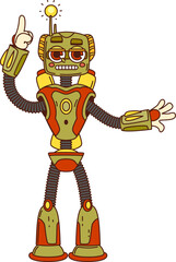 Poster - Cartoon groovy robot character with glowing red eyes and comic smile. Vector retro droid with hand raised and lightbulb antenna. Funny y2k vintage mechanical personage in dynamic expressive posture