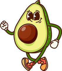Poster - Avocado fruit half groovy cheerful character. Organic farm green product hippie cartoon vector character, fresh plant happy funky vintage personage. Walking and happy smiling avocado cheerful mascot