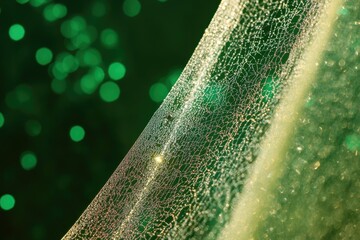 A delicate spiderweb, glistening with dewdrops, creates a mesmerizing pattern against a blurred green bokeh background.