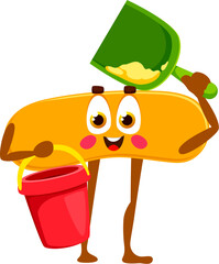 Aufkleber - Cartoon math number or digit character on summer vacations or beach holiday, vector personage. Mathematical minus sign as funny kid with sand bucket and spade toy for cartoon math symbol character