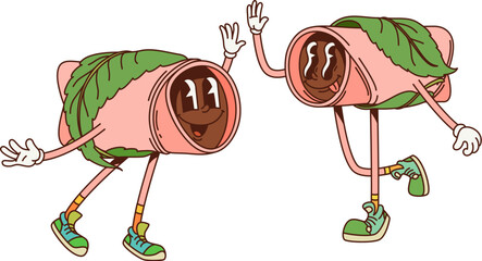 Poster - Cartoon retro groovy japanese sakura mochi dessert characters. Asian cuisine sweet dessert cute funky personages, japanese restaurant sakuramochi with pink rice paste and leaf hippie groovy characters