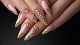 Women's hands with rhinestone-studded, high-end, stylish, and fashionable French gold glitter nails in the shape of stilettos. French manicure. design of nail art. nail extensions. acrylic nails. 