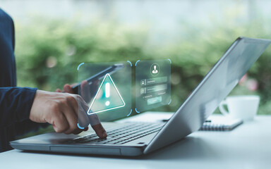 Fototapete - Cyber security and cyber crime warning notification. Fraud alert or smartphone scam, system hacked warning alert on mobile. Cyber attack network, Virus, Spyware, Malware. hack password personal data.