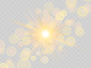 Wall Mural - The effect of beautiful solar flares. The sun saturated with colors creates glare on a transparent background. Vector stock illustration