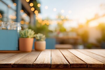 photo of wooden table with party lights on blur background, colorful bokeh, outdoor night festival, energetic atmosphere, mock up for design and product display