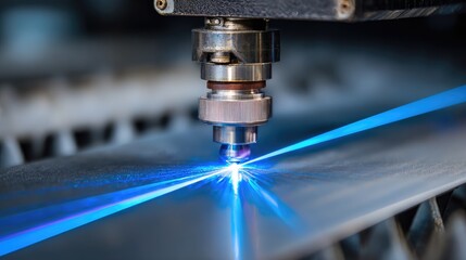 Poster - Close-up of laser beam engraving logo on aluminum sheet with precision detail
