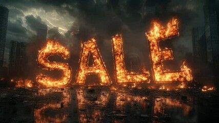 Poster - Fiery sale sign in dark cityscape under dramatic stormy skies