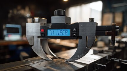 Poster - Digital caliper measuring gemstone diameter during quality control in workshop