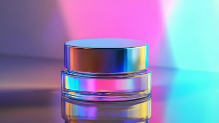 Poster - Colorful iridescent jar on a reflective surface with vibrant neon lights