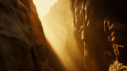 Poster - Sunlight streaming through rocky canyon at sunrise with warm glowing light