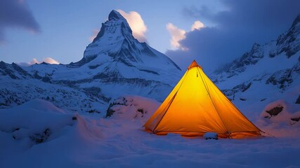 Wall Mural - Orange tent glowing in snowy mountain landscape at dusk with majestic peak