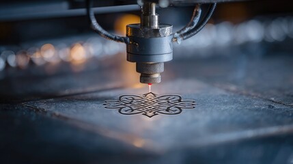 Poster - Industrial-grade laser engraver etching a logo on a metal bracelet surface