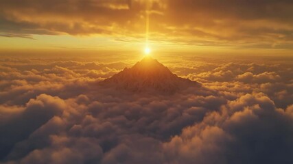 Wall Mural - Sunrise over mountain peak emerging through clouds with golden sky ambiance
