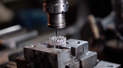 Poster - Jewelry CNC mill head rotating rapidly over bracelet mold on fixed bed