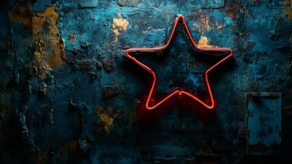 Poster - Glowing red neon star on a grunge textured wall, vibrant and artistic environment