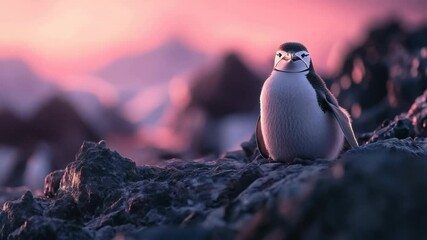 Poster - Lonely penguin on rocky terrain at sunset with pink and purple hues