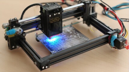 Poster - Laser engraver head in motion etching circuit pattern onto plastic case