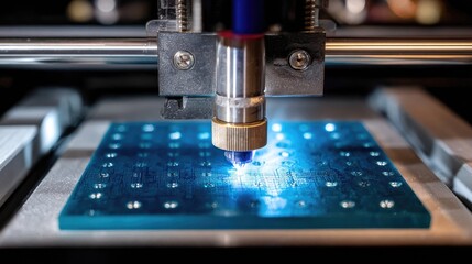Poster - Laser engraver head in motion etching circuit pattern onto plastic case