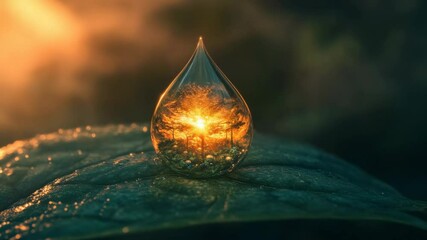 Aufkleber - Droplet on leaf reflects sunset with warm glowing colors, digital art fantasy scene