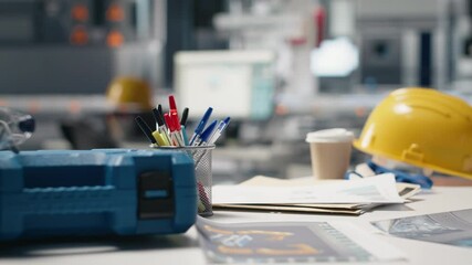 Poster - high tech solar cell manufacturing process with empty desk and safety gear, modern workspace used in