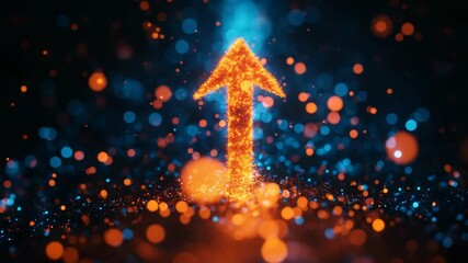 Poster - Orange glowing upward arrow surrounded by blue bokeh light on dark background