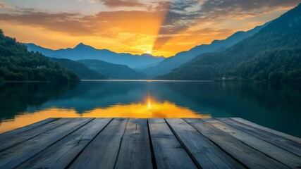 Poster - Sunrise over tranquil mountain lake with wooden pier, serene landscape photography