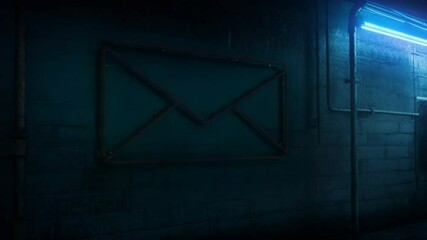 Aufkleber - Bright pink neon envelope sign glowing in dark industrial alleyway