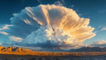 Wall Mural - Majestic cloud formation over desert landscape with a striking sunset glow