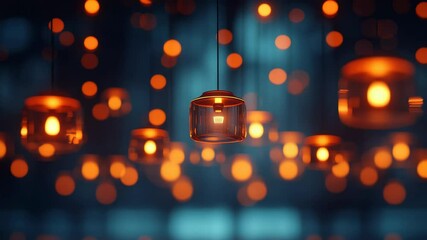 Poster - Hanging orange lights in soft focus against a blue background, warm ambiance
