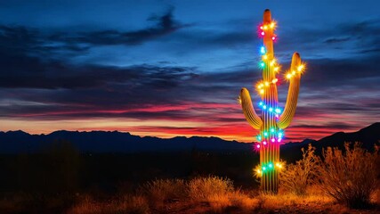 Wall Mural - Cactus decorated with colorful fairy lights at sunset in the desert landscape