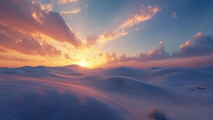 Poster - Sunset over tranquil desert with vibrant clouds and soft sand dunes, peaceful scene