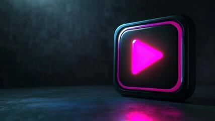 Poster - Neon pink play button icon glowing in a dark room, futuristic digital art