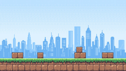 Aufkleber - Pixel art game level with a city skyline backdrop, featuring green ground and brown blocks for vintage video game design element.