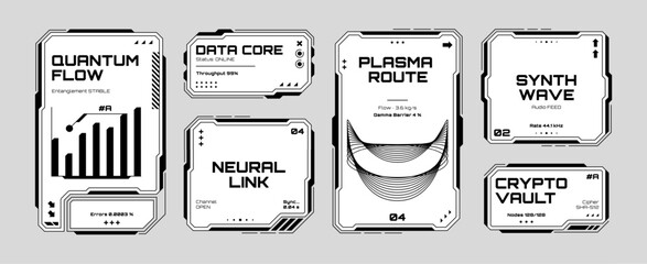 Poster - Set of black and white futuristic hud elements. Quantum flow and data core concept. User interface design for technology.